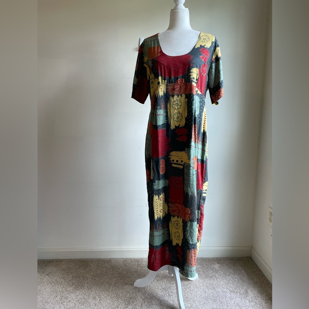 Vintage Street Life maxi dress, Large, abstract patchwork design. Made in USA
